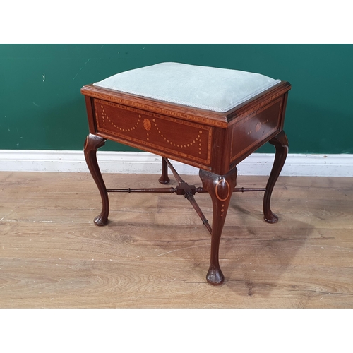 340 - An Edwardian inlaid Music Stool with upholstered hinged top, raised on cabriole supports and with cr... 