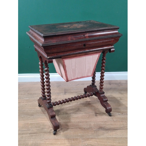 350 - A Victorian rosewood Work Table with sarcophagus shape floral inlaid top enclosing pin cushion, cand... 