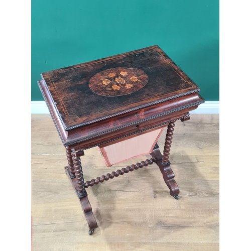 350 - A Victorian rosewood Work Table with sarcophagus shape floral inlaid top enclosing pin cushion, cand... 