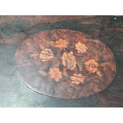 350 - A Victorian rosewood Work Table with sarcophagus shape floral inlaid top enclosing pin cushion, cand... 