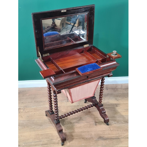 350 - A Victorian rosewood Work Table with sarcophagus shape floral inlaid top enclosing pin cushion, cand... 