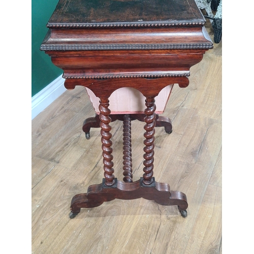 350 - A Victorian rosewood Work Table with sarcophagus shape floral inlaid top enclosing pin cushion, cand... 