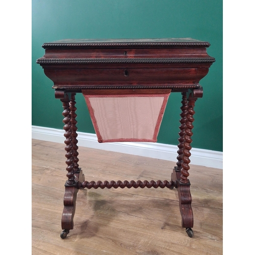 350 - A Victorian rosewood Work Table with sarcophagus shape floral inlaid top enclosing pin cushion, cand... 