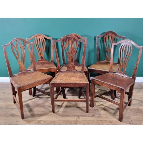 360 - A Set of six antique elm and fruitwood Chairs with pierced splat backs, solid seats on square front ... 