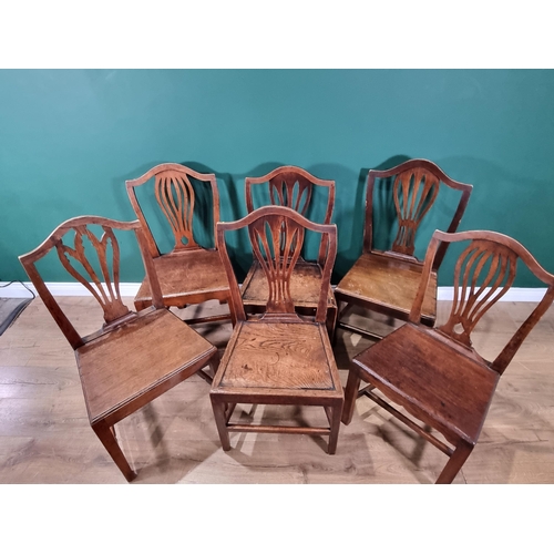 360 - A Set of six antique elm and fruitwood Chairs with pierced splat backs, solid seats on square front ... 