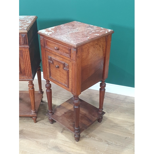 370 - Two French Bedside Cabinets, both with marble tops, one with white marble lined interior on turned a... 