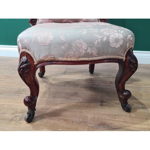 372 - A Victorian Nursing Chair with pink and grey floral button upholstered back on cabriole front legs a... 