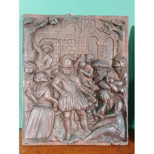 405 - A pair of late 16th Century carved oak Panels 'Farewell' and 'Homecoming' depicting figures in perio... 