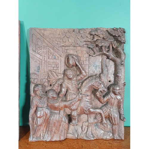 405 - A pair of late 16th Century carved oak Panels 'Farewell' and 'Homecoming' depicting figures in perio... 