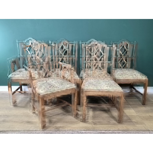 463 - A set of six Chinese Chippendale style Dining Chairs with turned and shaped backs, drop-in seats on ... 