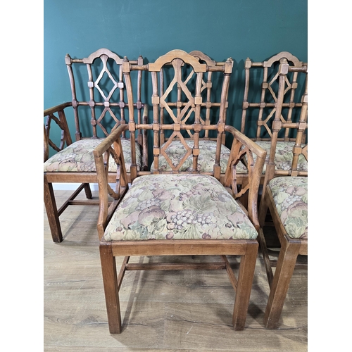 463 - A set of six Chinese Chippendale style Dining Chairs with turned and shaped backs, drop-in seats on ... 