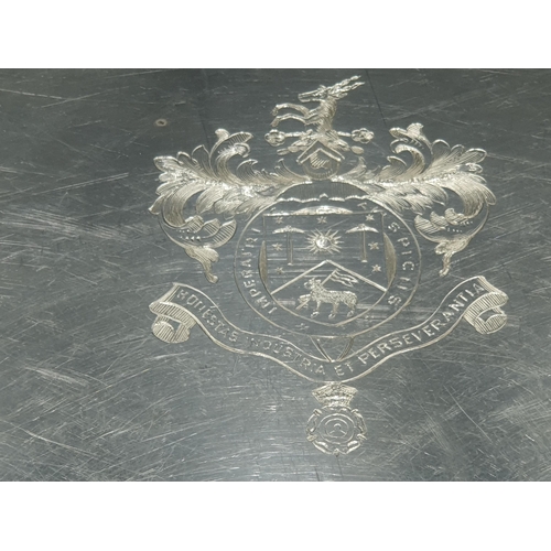50 - A George V silver large oval Tray with gadroon rim, engraved ornate coat of arms and initials, Londo... 