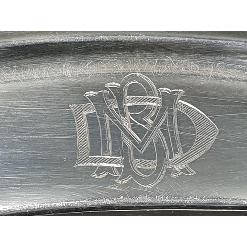 50 - A George V silver large oval Tray with gadroon rim, engraved ornate coat of arms and initials, Londo... 