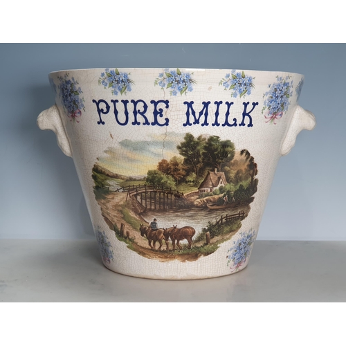 533 - A Pure Milk two handled Dairy Pail with Forget-Me-Not borders, and transfer printed Landscape decora... 