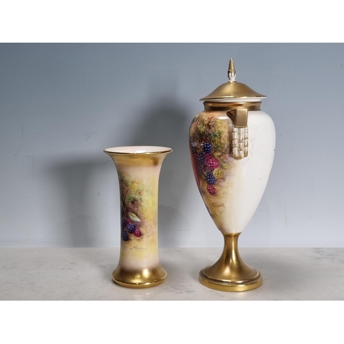 563 - A Royal Worcester fruit painted two handled Vase and Cover, painted pear, apple and blackberries, si... 