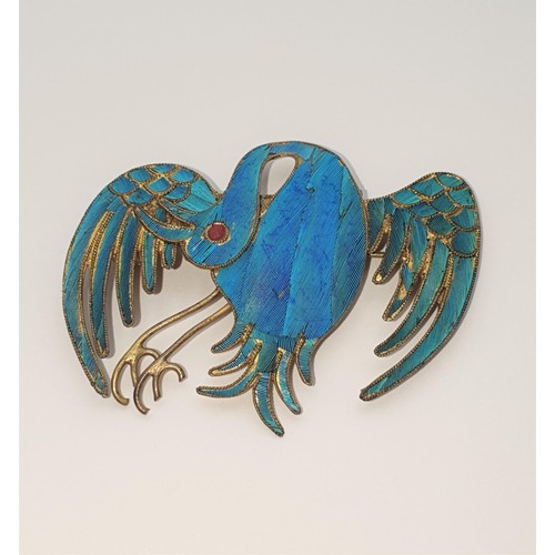 242 - A Qing Dynasty Kingfisher Feather Pheonix Bird Brooch using Tian-Tsui technique to inlay feather on ... 