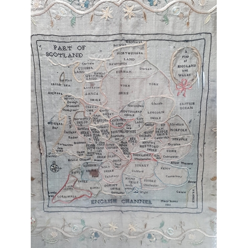 669 - A 19th Century silk needlework Sampler 'A Map of England and Wales with trailing border intertwined ... 