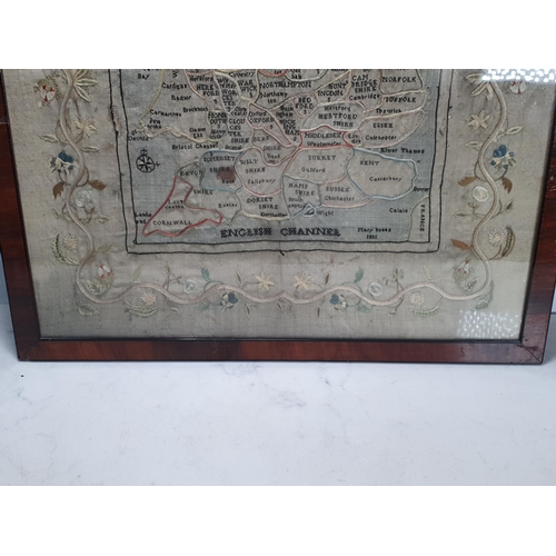 669 - A 19th Century silk needlework Sampler 'A Map of England and Wales with trailing border intertwined ... 