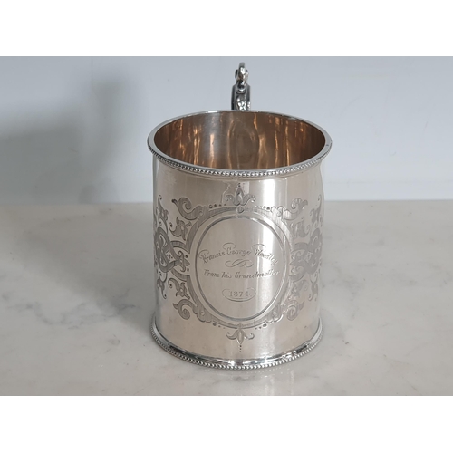 67 - A Victorian silver Christening Mug with strapwork engraving, beaded rim engraved initials, Sheffield... 