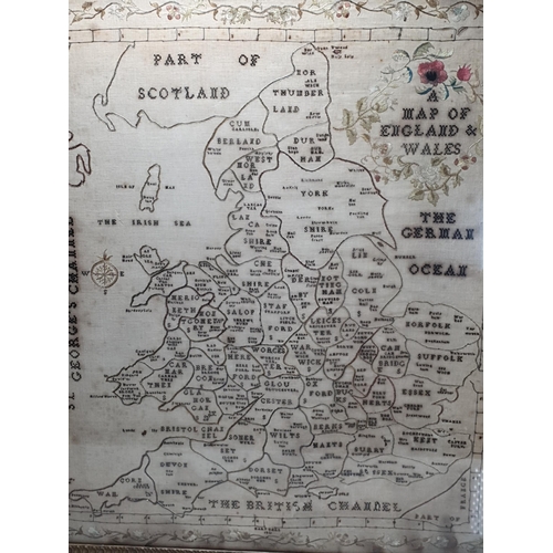 671 - A 19th Century embroidered silk Sampler 'A Map of England and Wales' showing all the Counties, many ... 