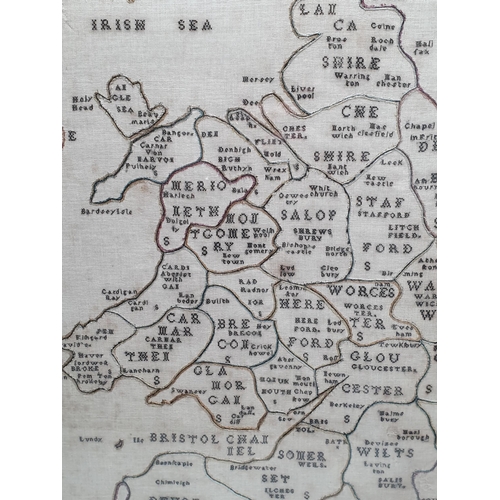 671 - A 19th Century embroidered silk Sampler 'A Map of England and Wales' showing all the Counties, many ... 