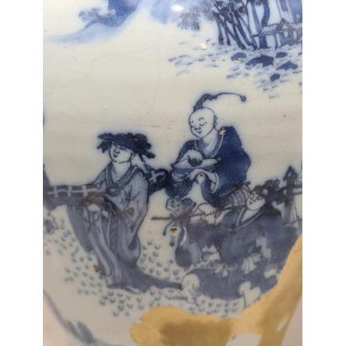 548 - A 17th Century delftware Meiping type Vase, in blue and white glaze, with Oriental landscape with fi... 