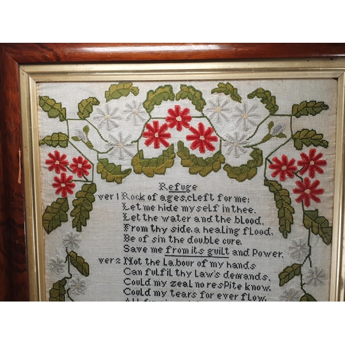 673 - A Victorian needlework Sampler with poem 'Refuge' within surrounding floral and leafage border withi... 