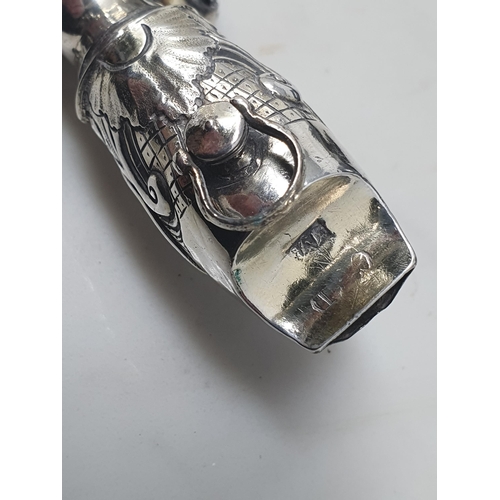 72 - A silver Rattle with floral embossing and two bells, others missing, engraved initials C.D