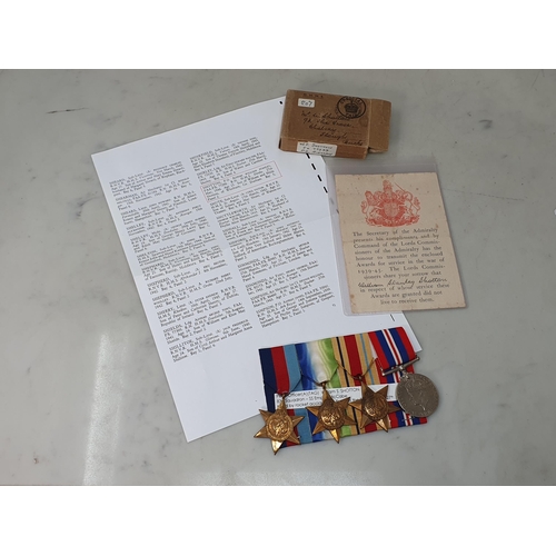 744 - Four; WWII 1939-45 Star, Atlantic Star, Africa Star and War Medal with Box of Issue and Condolence S... 