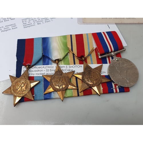 744 - Four; WWII 1939-45 Star, Atlantic Star, Africa Star and War Medal with Box of Issue and Condolence S... 