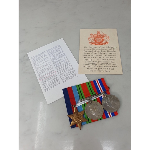 745 - Three; WWII 1939-45 Star, Defence and War Medals with Condolence Slip to S/Lt (A) L.A.C. Michell, 76... 