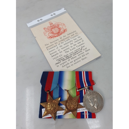 746 - Three, WWII 1939-45 Star, Atlantic Star and War Medal with Condolence Slip to S/Lt (A) James Duckham... 