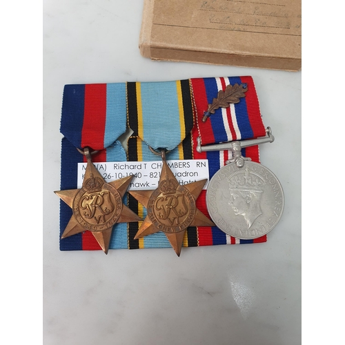 748 - Three; WWII 1939-45 Star, Air Crew Europe Star and War Medal with Box of Issue and Condolence Slip t... 