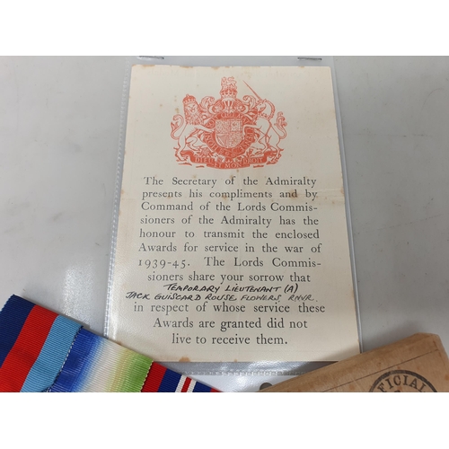 750 - Three; WWII 1939-45 Star, Atlantic Star and War Medal with Box of Issue and Condolence Slip to Lieut... 