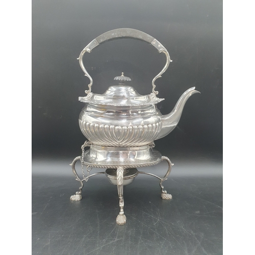 76 - An Edward VII silver Tea Kettle  on Stand with gadroon embossing, the stand with leafage scroll supp... 