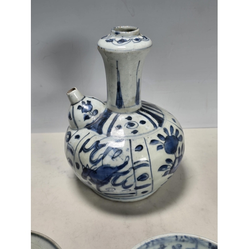 829 - A Qty of Chinese Ming ceramics to include a Kendi, 3 blue and white bowls,  Swankhalok covered jar, ... 