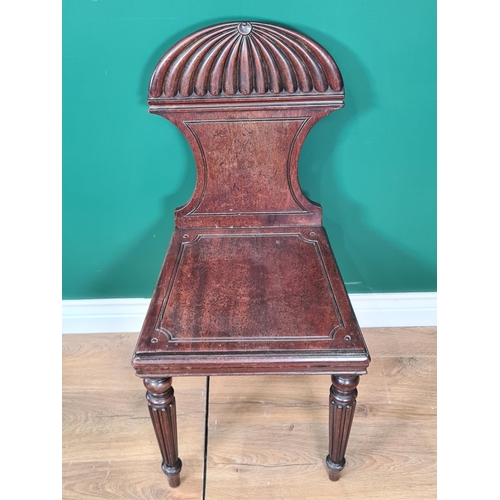 397 - A pair of Regency mahogany Hall Chairs with gadroon carved arched backs, solid seats on turned and f... 