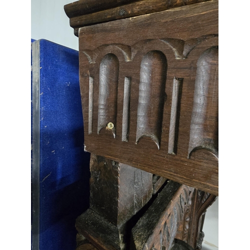 387 - A 17th century and later oak Four Poster Bed  with panelled headboard flanked by leafage carved pila... 