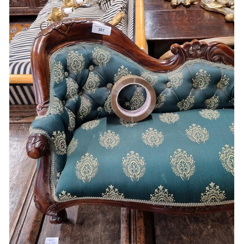 307 - A Victorian style mahogany framed Child's Chaise Longue with green button upholstery on cabriole sup... 