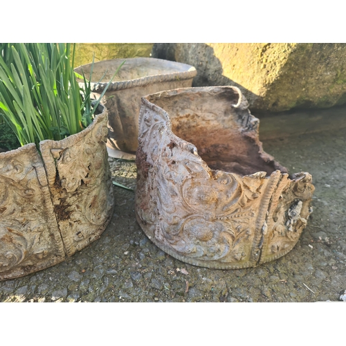 738 - An iron Kettle Stand, 16in, and four small lead Planters, one A/F