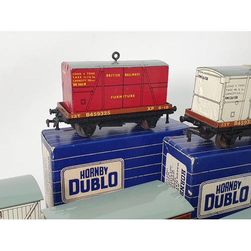 1018 - Ten boxed Hornby Dublo 3 rail Wagons in blue and white striped boxes including Low-sided Cable, BR G... 