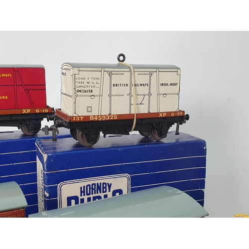 1018 - Ten boxed Hornby Dublo 3 rail Wagons in blue and white striped boxes including Low-sided Cable, BR G... 