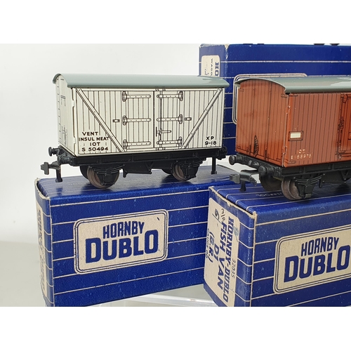 1018 - Ten boxed Hornby Dublo 3 rail Wagons in blue and white striped boxes including Low-sided Cable, BR G... 