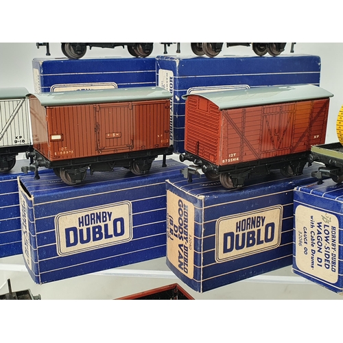 1018 - Ten boxed Hornby Dublo 3 rail Wagons in blue and white striped boxes including Low-sided Cable, BR G... 