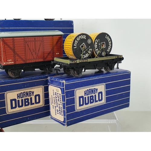 1018 - Ten boxed Hornby Dublo 3 rail Wagons in blue and white striped boxes including Low-sided Cable, BR G... 