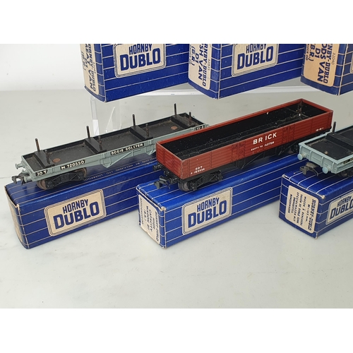 1018 - Ten boxed Hornby Dublo 3 rail Wagons in blue and white striped boxes including Low-sided Cable, BR G... 