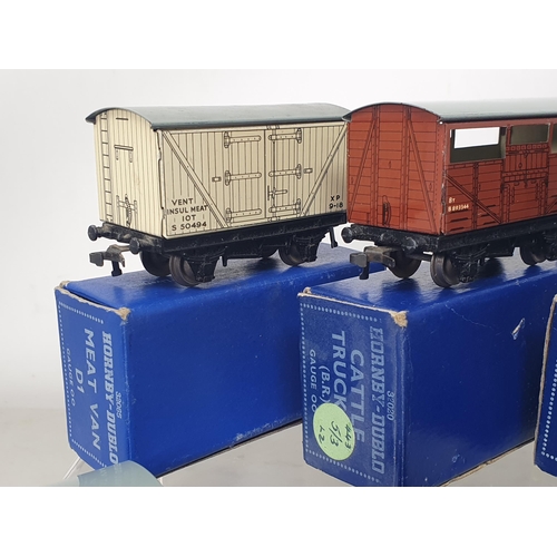 1062 - Ten boxed Hornby Dublo 3-rail BR Wagons in early dark blue boxes including Meat Van, Horse Box Royal... 