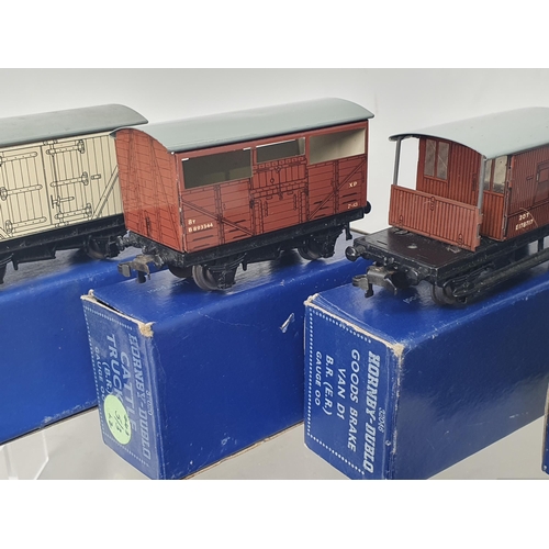 1062 - Ten boxed Hornby Dublo 3-rail BR Wagons in early dark blue boxes including Meat Van, Horse Box Royal... 