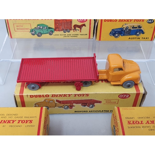 1154 - Five boxed Dublo Dinky Toys including Taxi, Morris Pickup, Austin Lorry, Land Rover and Horse Box wi... 