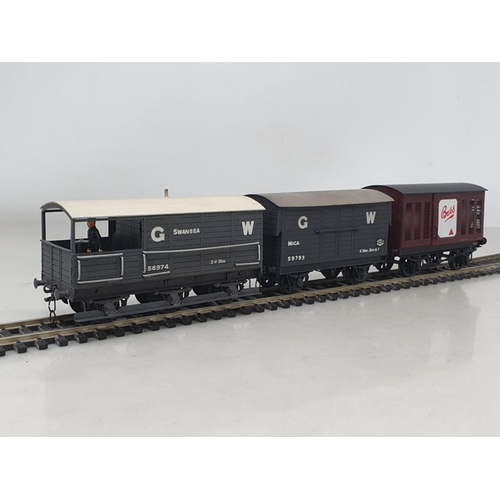 1184 - Three 4mm Lawrence Wagons including GWR 6-wheel Brake, GWR Mica Van and Bass Beer Wagon, all with La... 